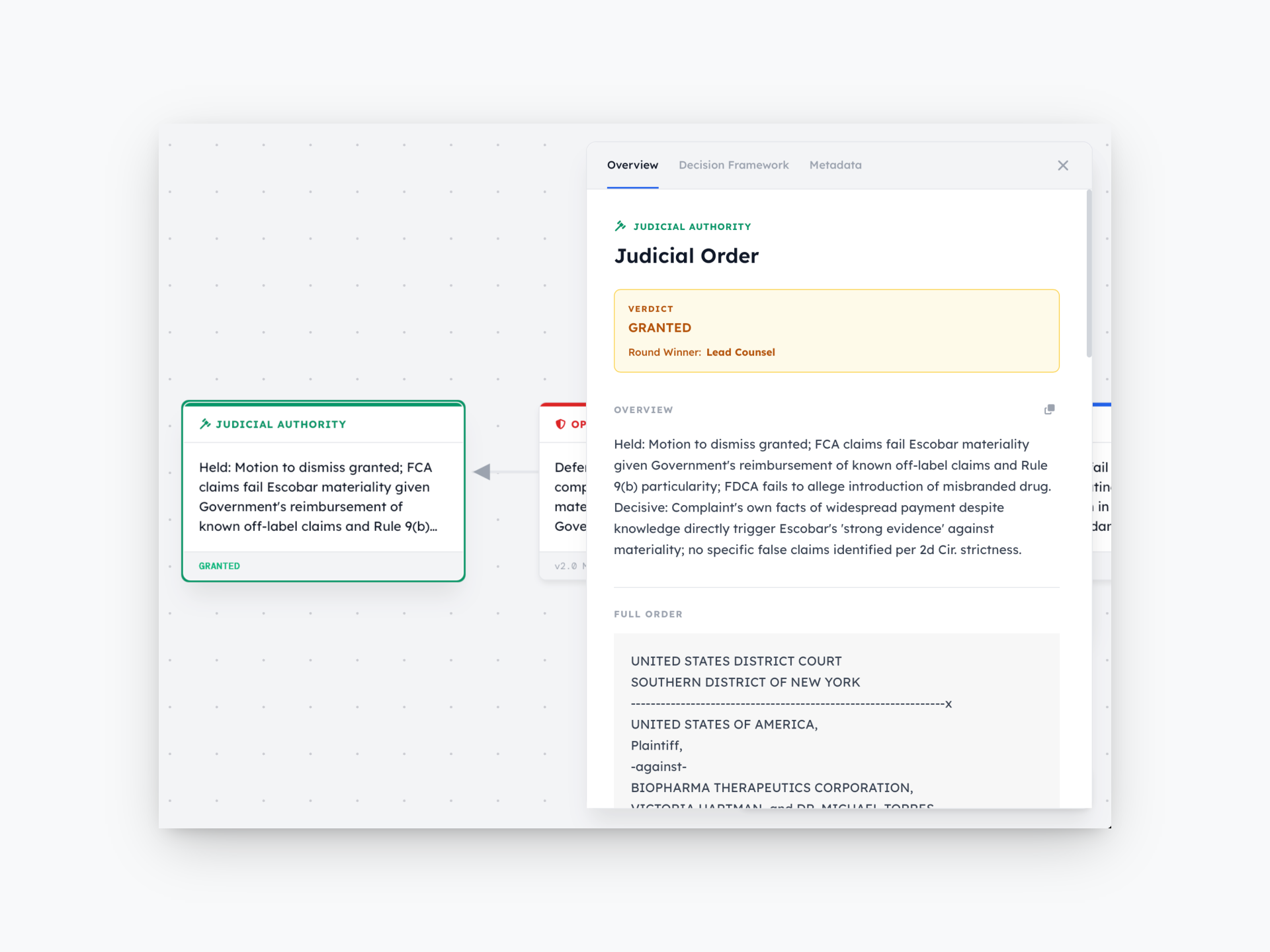Lawgame simulation output — Case 2.2. Four rounds, three losses, total dismissal.