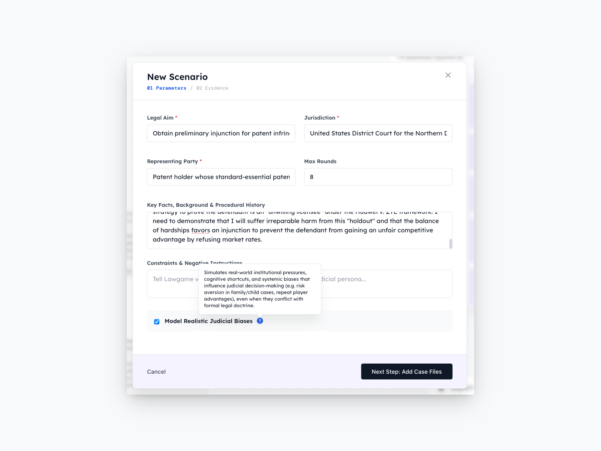 Simulation setup: case type, jurisdiction, legal objective, and corpus defined before adversarial play begins.
